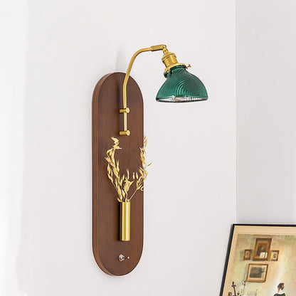 Chinese Wheat Ears Iron Wood Glass 1-Light Wall Sconce Lamp