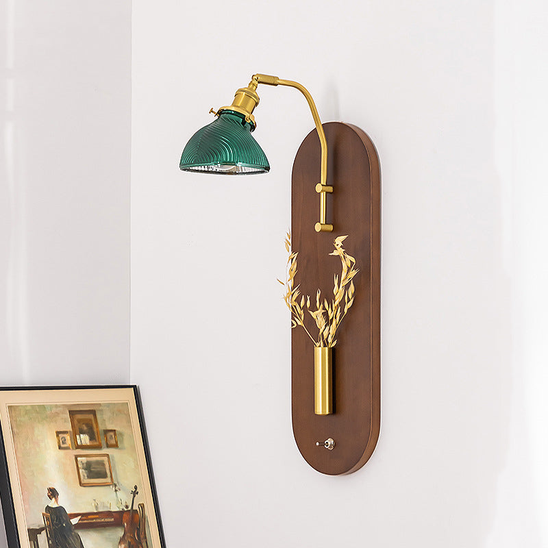 Chinese Wheat Ears Iron Wood Glass 1-Light Wall Sconce Lamp