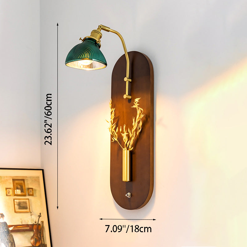 Chinese Wheat Ears Iron Wood Glass 1-Light Wall Sconce Lamp