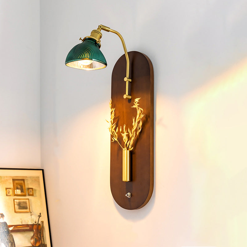 Chinese Wheat Ears Iron Wood Glass 1-Light Wall Sconce Lamp