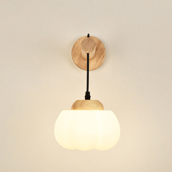 Japanese Glass PE Shade Wood 1-Light Wall Sconce Lamp