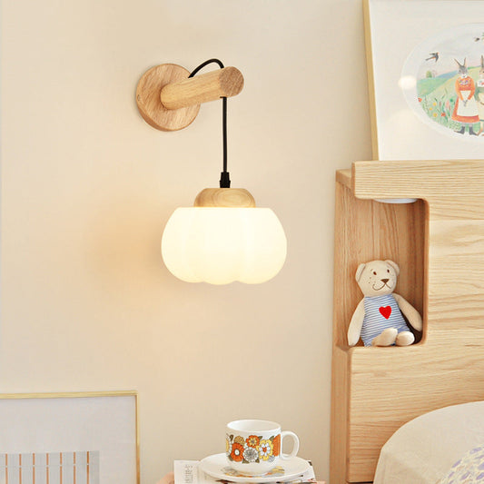 Japanese Glass PE Shade Wood 1-Light Wall Sconce Lamp