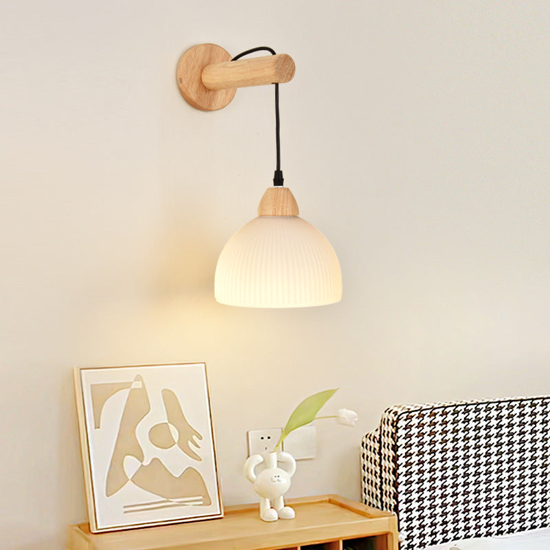 Japanese Glass PE Shade Wood 1-Light Wall Sconce Lamp