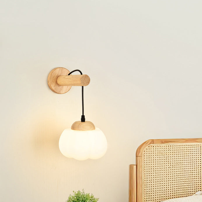 Japanese Glass PE Shade Wood 1-Light Wall Sconce Lamp