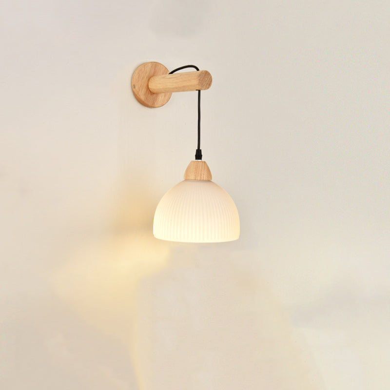 Japanese Glass PE Shade Wood 1-Light Wall Sconce Lamp