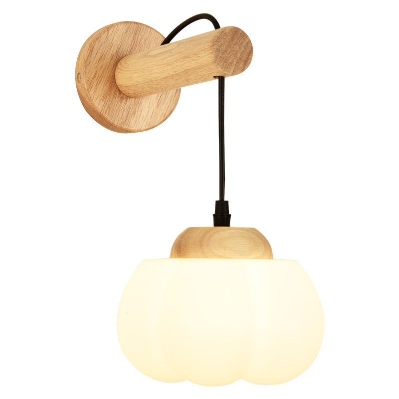 Japanese Glass PE Shade Wood 1-Light Wall Sconce Lamp