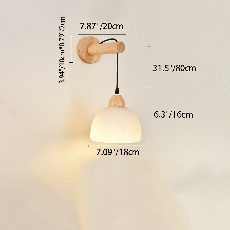 Japanese Glass PE Shade Wood 1-Light Wall Sconce Lamp