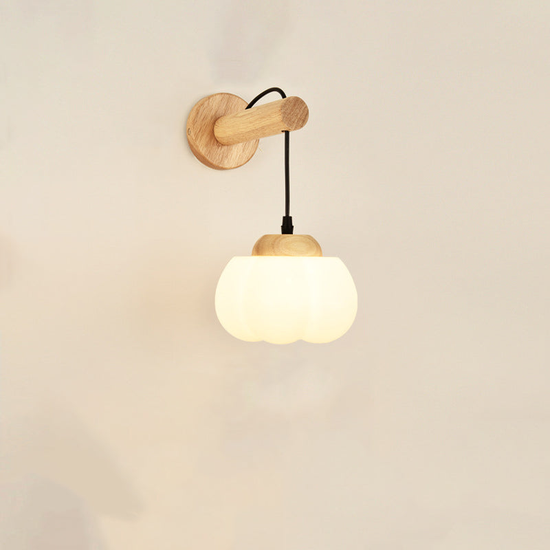 Japanese Glass PE Shade Wood 1-Light Wall Sconce Lamp