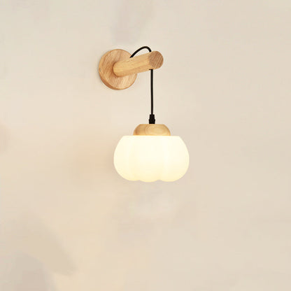 Japanese Glass PE Shade Wood 1-Light Wall Sconce Lamp