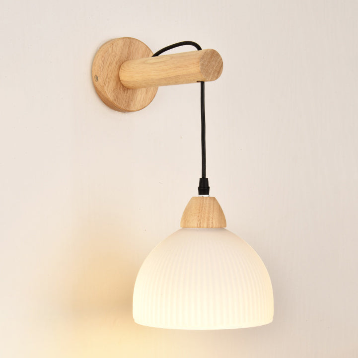 Japanese Glass PE Shade Wood 1-Light Wall Sconce Lamp