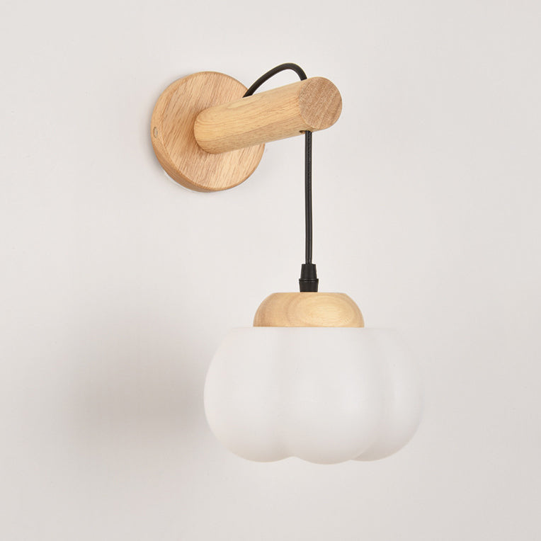 Japanese Glass PE Shade Wood 1-Light Wall Sconce Lamp