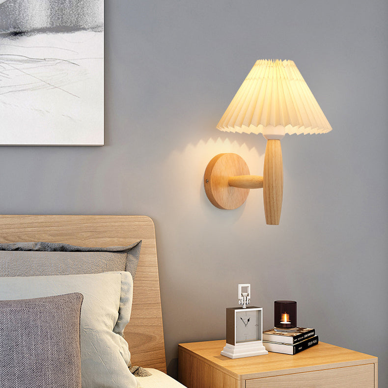 Chinese Umbrella Fabric Shade Wood 1-Light Wall Sconce Lamp