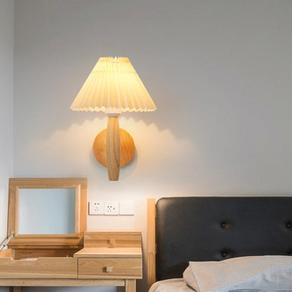 Chinese Umbrella Fabric Shade Wood 1-Light Wall Sconce Lamp