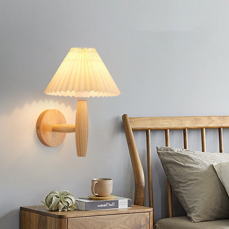 Chinese Umbrella Fabric Shade Wood 1-Light Wall Sconce Lamp