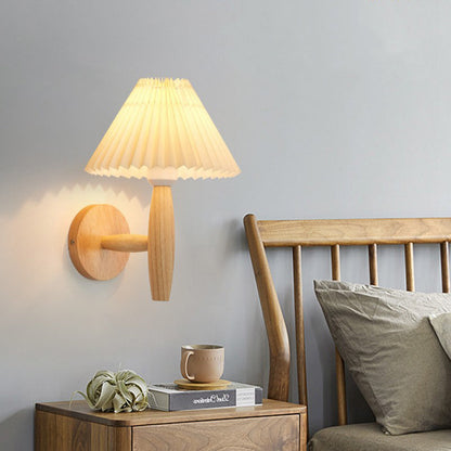 Chinese Umbrella Fabric Shade Wood 1-Light Wall Sconce Lamp