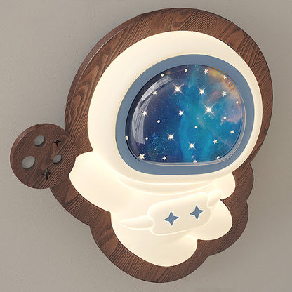 Astronaut Star Moon Wood Base PE Shade LED Wall Sconce Lamp