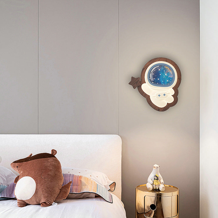 Astronaut Star Moon Wood Base PE Shade LED Wall Sconce Lamp
