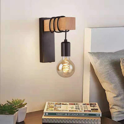 Rectangular Base Wood Arm Glass 1-Light Wall Sconce Lamp