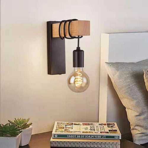 Rectangular Base Wood Arm Glass 1-Light Wall Sconce Lamp