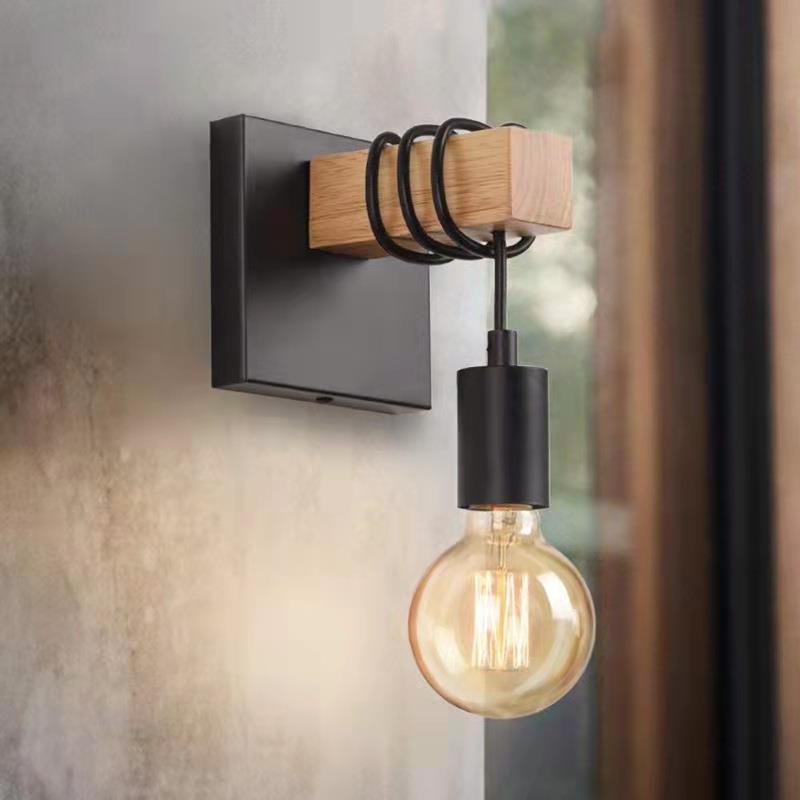 Rectangular Base Wood Arm Glass 1-Light Wall Sconce Lamp