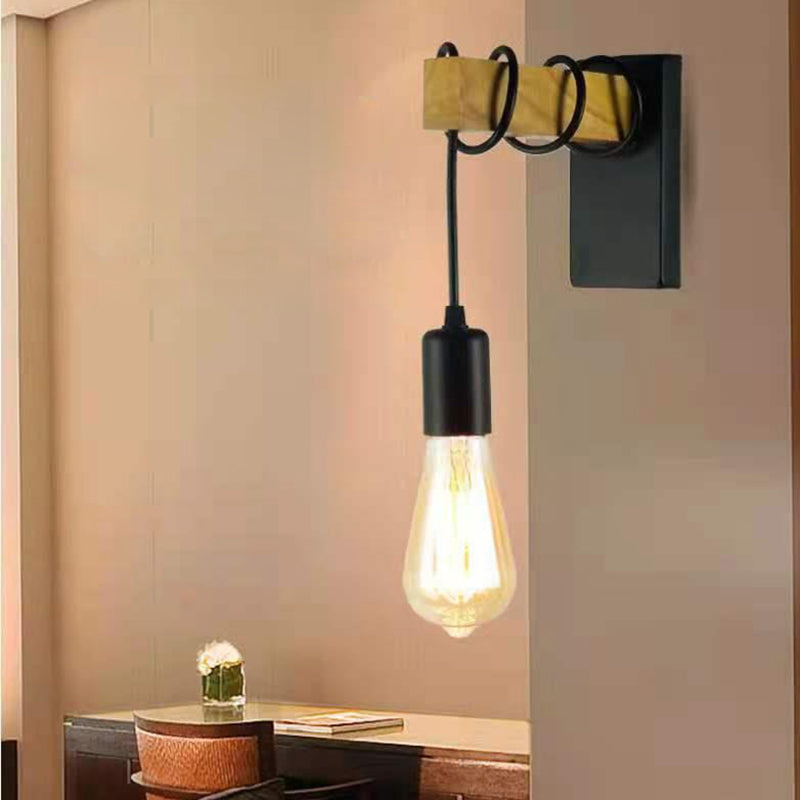 Rectangular Base Wood Arm Glass 1-Light Wall Sconce Lamp