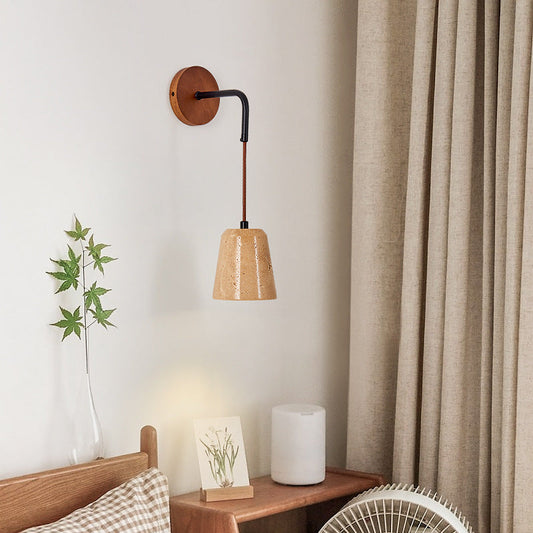 Round Yellow Travertine Wood Iron 1-Light Wall Sconce Lamp