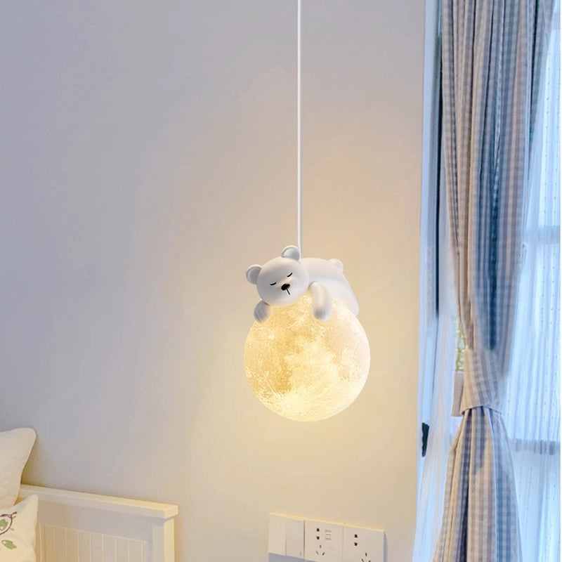 Modern Minimalist Cartoon Kids Moon Cute Animal Bear Rabbit Dog Elephant Sheep Resin Hardware PE 1-Light Pendant Light For Bedroom