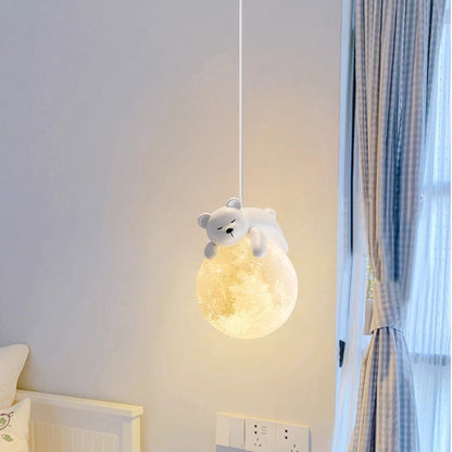 Modern Minimalist Cartoon Kids Moon Cute Animal Bear Rabbit Dog Elephant Sheep Resin Hardware PE 1-Light Pendant Light For Bedroom