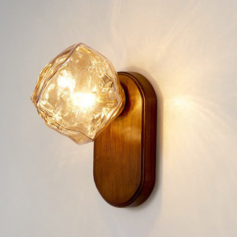 Ice Block Oval Base Wooden Glass 1-Light Wall Sconce Lamp