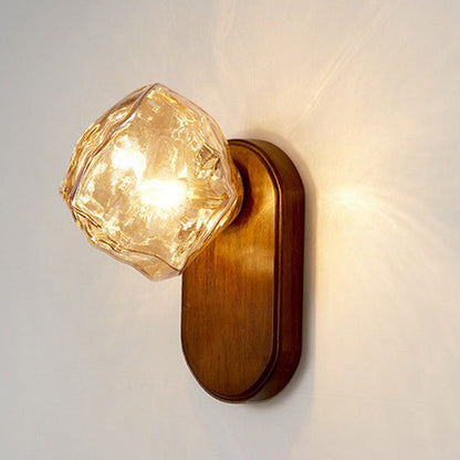 Ice Block Oval Base Wooden Glass 1-Light Wall Sconce Lamp