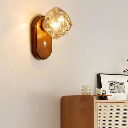 Ice Block Oval Base Wooden Glass 1-Light Wall Sconce Lamp