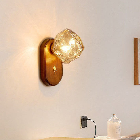 Ice Block Oval Base Wooden Glass 1-Light Wall Sconce Lamp