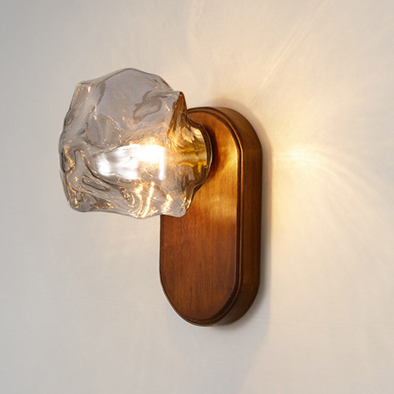 Ice Block Oval Base Wooden Glass 1-Light Wall Sconce Lamp