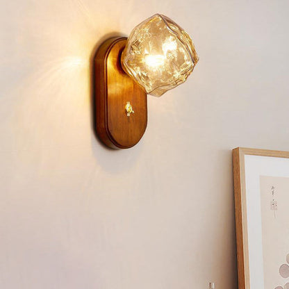 Ice Block Oval Base Wooden Glass 1-Light Wall Sconce Lamp