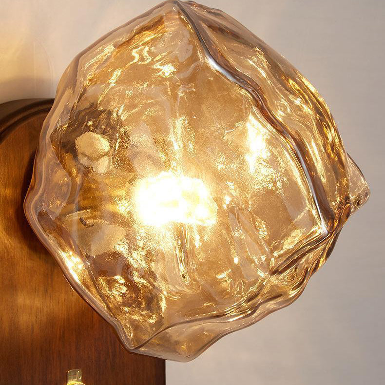 Ice Block Oval Base Wooden Glass 1-Light Wall Sconce Lamp