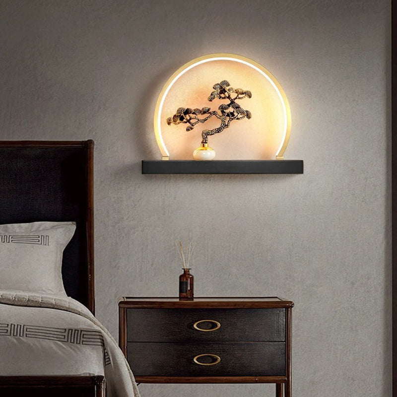 Chinese Semicircle Copper Jade Silicon LED Wall Sconce Lamp