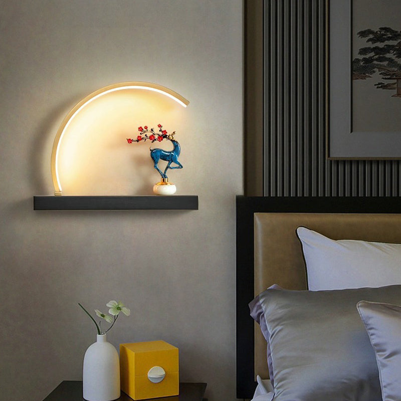 Chinese Semicircle Copper Jade Silicon LED Wall Sconce Lamp