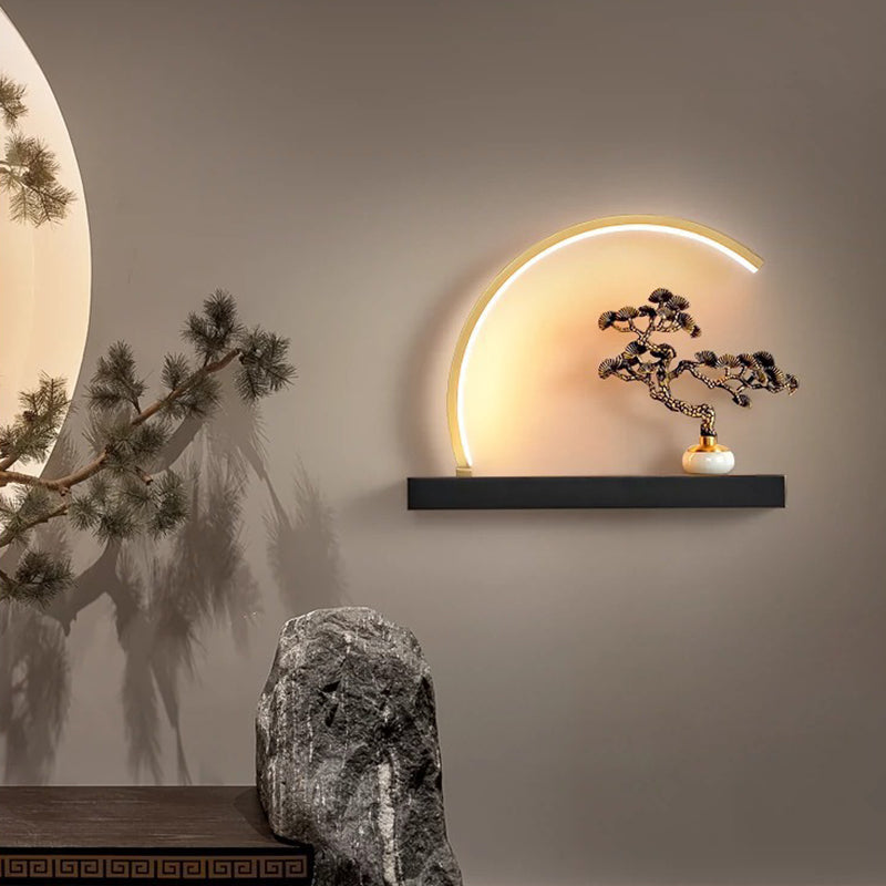 Chinese Semicircle Copper Jade Silicon LED Wall Sconce Lamp