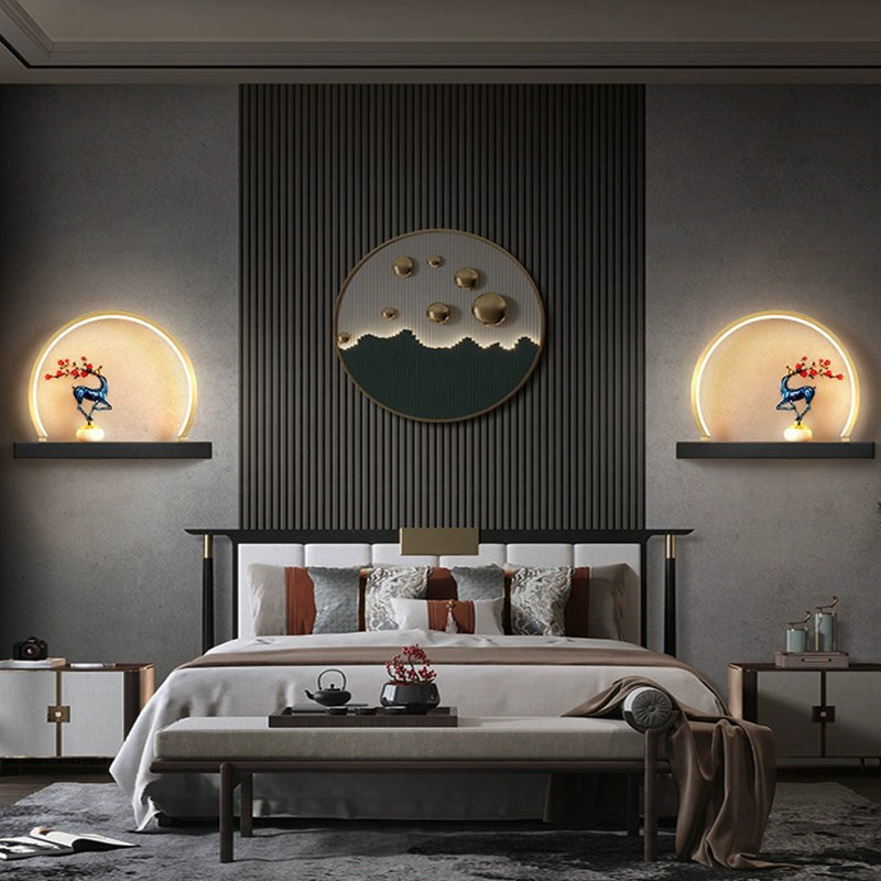 Chinese Semicircle Copper Jade Silicon LED Wall Sconce Lamp