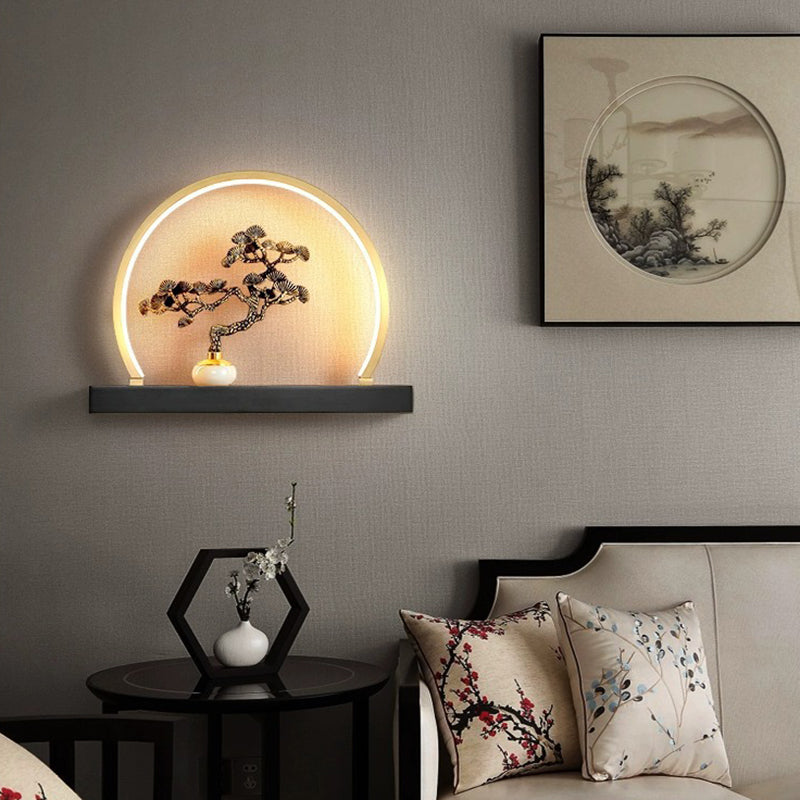 Chinese Semicircle Copper Jade Silicon LED Wall Sconce Lamp