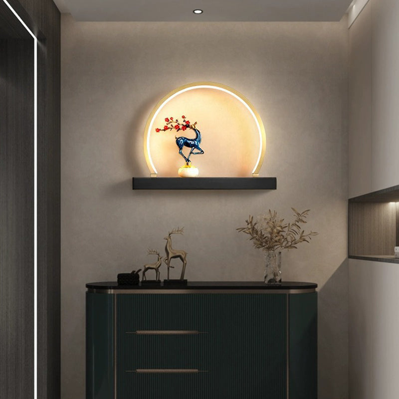 Chinese Semicircle Copper Jade Silicon LED Wall Sconce Lamp