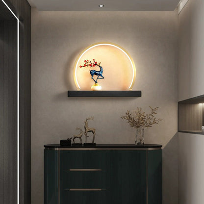 Chinese Semicircle Copper Jade Silicon LED Wall Sconce Lamp