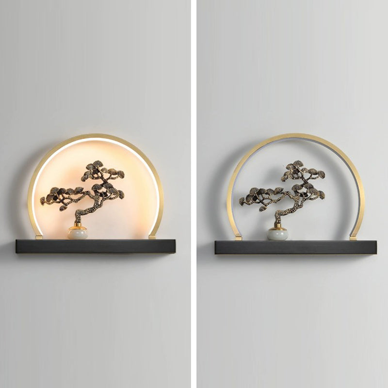 Chinese Semicircle Copper Jade Silicon LED Wall Sconce Lamp