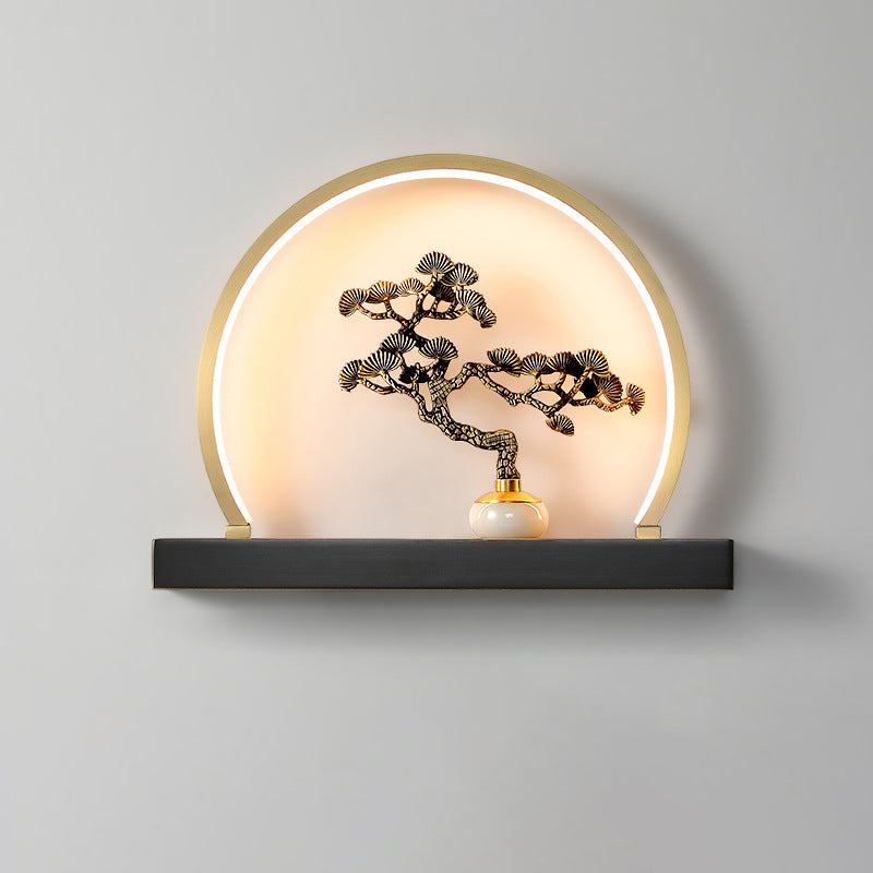 Chinese Semicircle Copper Jade Silicon LED Wall Sconce Lamp