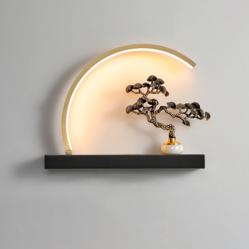 Chinese Semicircle Copper Jade Silicon LED Wall Sconce Lamp