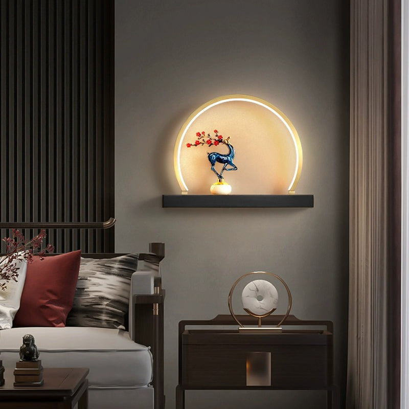 Chinese Semicircle Copper Jade Silicon LED Wall Sconce Lamp