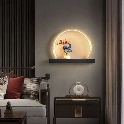 Chinese Semicircle Copper Jade Silicon LED Wall Sconce Lamp