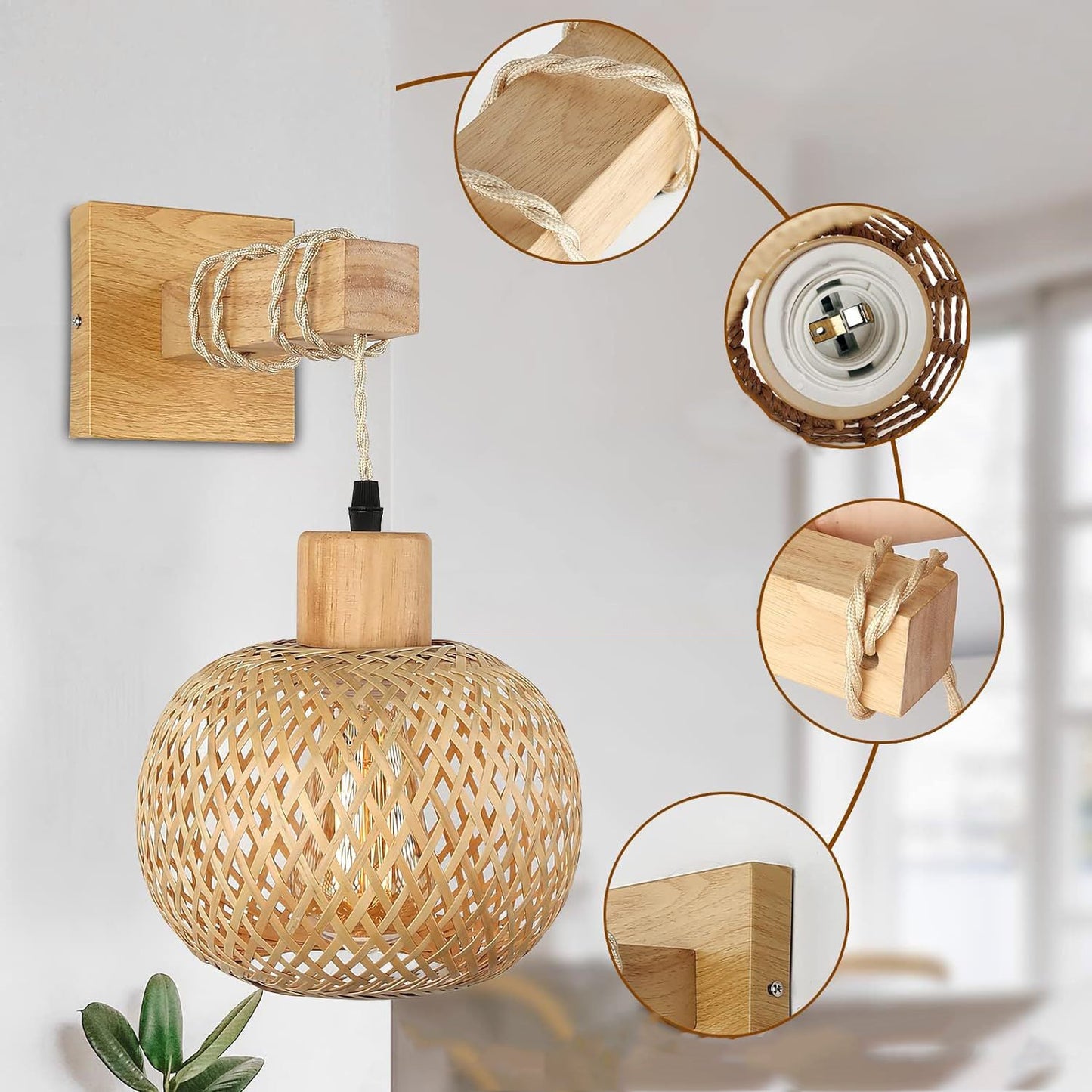 Japanese Square Base Wooden Bamboo 1-Light Wall Sconce Lamp