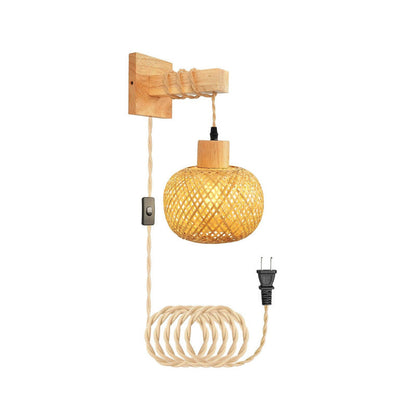 Japanese Square Base Wooden Bamboo 1-Light Wall Sconce Lamp