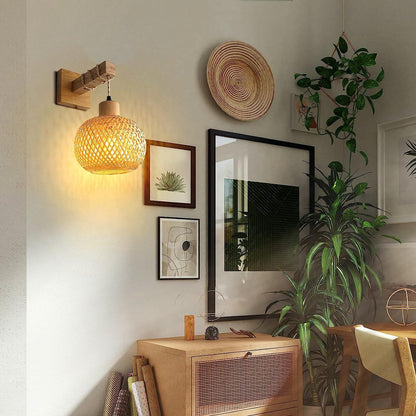 Japanese Square Base Wooden Bamboo 1-Light Wall Sconce Lamp